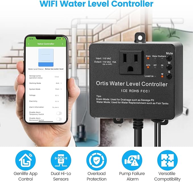 WiFi Sump Pump Controller Alarm, Check Water Level Status, Timely Alerts for Pump Failures & Overload, Keep Your Basement Dry, Perfect for Sewage Pits, Submersible /Utility /Water Well Pumps, Black
