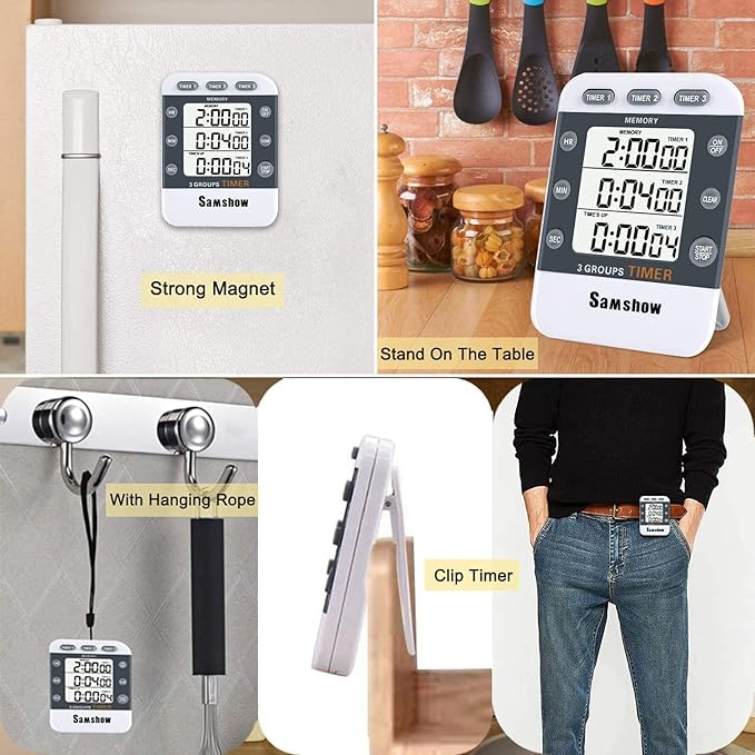 Digital Kitchen Timer Dual Timers 3 Channels Count UP/Down Cooking Timer Large Display, Adjustable Volume Alarm with Magnetic Back, Stand, Battery Included