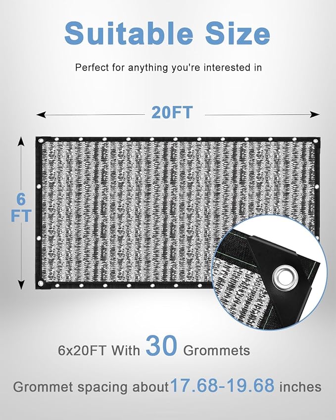 vensovo 70% Aluminum Shade Cloth - Reflective Aluminium Shade Netting Sun Shade Cover with Grommets for Cars, Dogs, Outdoor, RV, Patio (6x20FT)