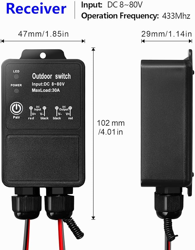 DieseRC Waterproof Wireless Remote Control DC 8V-80V 30A Radio Control Switch Outdoor Remote Switch for Wet Location Outdoor Yard Light Water Pump Farm Irrigation Roof Garden Fan Lamp Garage Warehouse