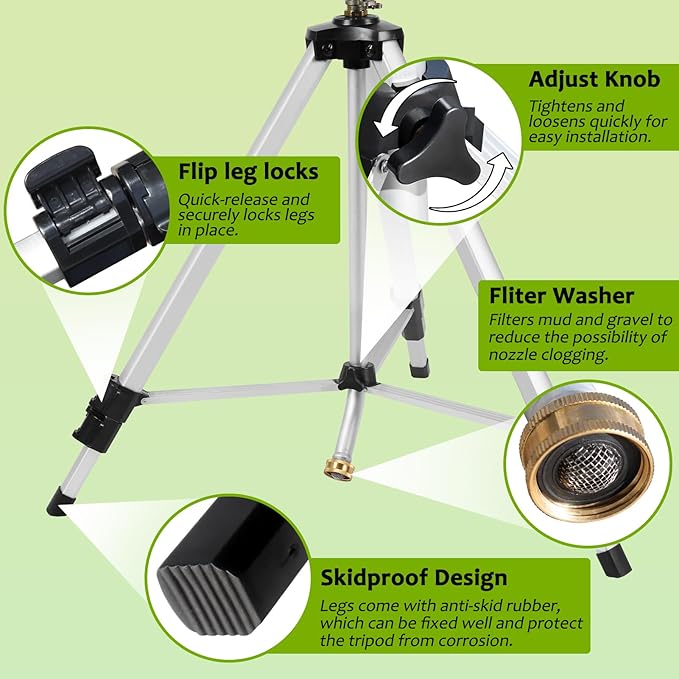 Heavy Duty Impact Sprinkler on Tripod Base,50 Inch Tripod Sprinkler with Brass Nozzle for Yard Large Area,Extra Tall 360 Degree Rotating,Waters Up to 90 Ft,Legs Extend Up to 50"