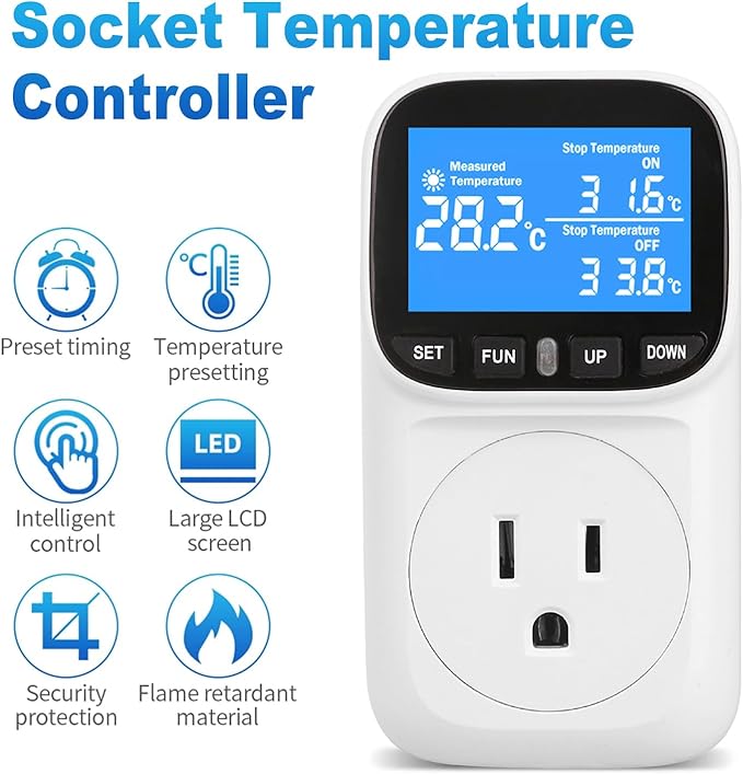 Digital Temperature Controller, Heavy Duty 15A/1800W Thermostat Outlet Plug, VA Display Heating Cooling Control Timer, -40℉~210℉, Cyclic Timing/Countdown, for Greenhouse Incubator Homebrew