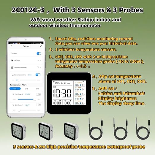 2CO12C-3, Smart WiFi APP Weather Station & 3 Probes 3 Sensors Indoor & Outdoor Wireless Thermometer,for Cold Storage, Cold Cabinet, Refrigerator, Fish Tank, Wine Cellar, breeding Farm, Greenhouse
