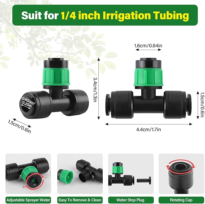 Kalolary 30Pcs Push-to-Fit Drip Irrigation Emitters for 1/4" Tubing, Adjustable 360 Degree Vortex Drip Emitters Irrigation Dripper Sprinklers with 6PCS End Plugs for Garden Irrigation System(Green)