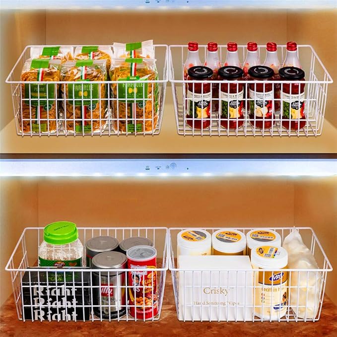 SANNO Large Freezer Baskets Metal Storage Organizer Bin Basket Wire Storage Basket for Kitchen Pantry Bathroom Set of 3 Large Metal Farmhouse Food Fruit Produce Organizer Bins