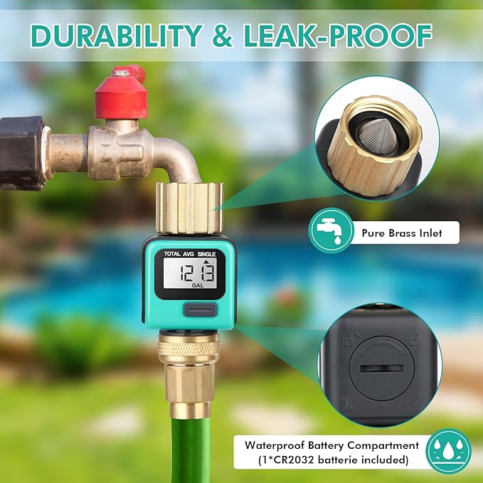 RESTMO Water Flow Meter with Brass Inlet & Outlet, Measure Gallon/Liter Consumption and Flow Rate for Outdoor Garden Hose Watering, RV Water Tank Filling, Lawn Sprinkler and Nozzle Sprayer