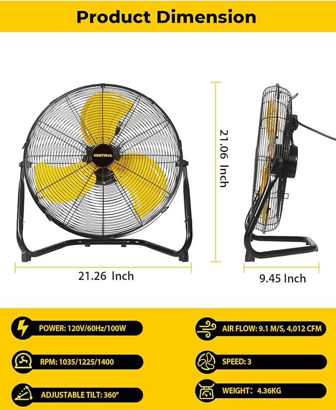 VENTISOL 18 Inch Portable Floor Fan, 3 Speed Metal Industrial Shop Fans with 360° Tilt, 4100 CFM High Velocity Heavy Duty Fan for Home Bedroom, Garage, Workshop