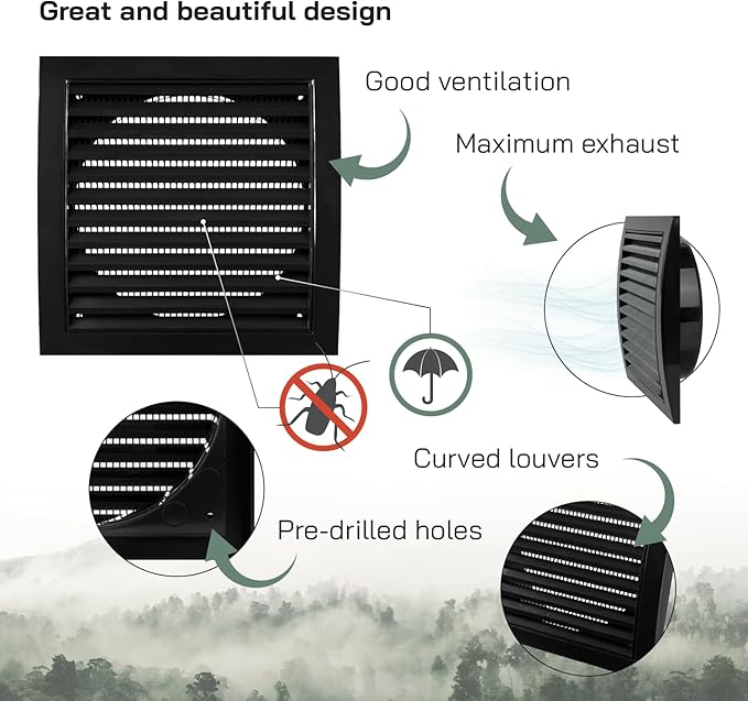 Vent Systems 6'' Inch Black Vent Cover - Plastic Louvered Dryer Cover for Bathroom, Kitchen, Garage Exhaust Vents - Exhaust/Supply Air Register Grille for Home Improvement - Indoor and Outdoor