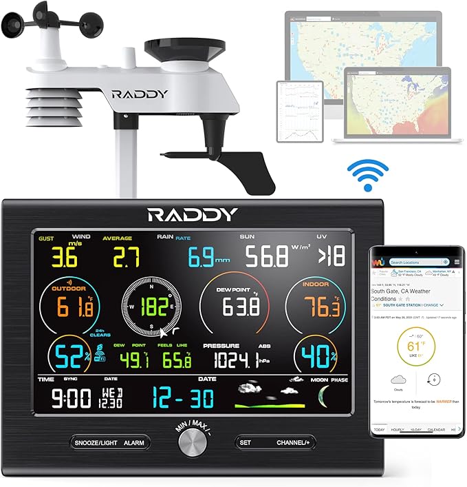 Raddy L7 LoRa Professional Weather Station 1.9 Miles Long Range, Wireless Wi-Fi Weather Station Outdoor Indoor with Rain Gauge, Wind Speed, Thermometer, Humidity for Backyard, Garden, Farm, Home