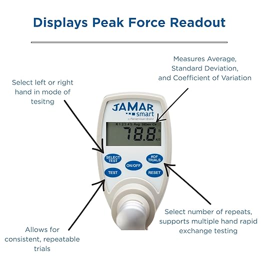 Jamar Smart Hand Dynamometer, Digital Lightweight Max Force Indicator to Measure Hand & Grip Strength, Cordless Device with Wireless Connection to Mobile App, Easy Squeeze Adjustable Evaluation Tool