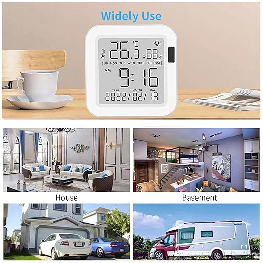 Smart WiFi Temperature Humidity Monitor: Tuya Wireless Temperature Humidity Sensor with APP Notification Alerts, WiFi Thermometer Hygrometer for Home Pet Garage with LCD Display, Compatible with Alexa