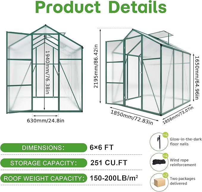 Greenhouse for Outdoors 6.1x6.1x7.2 FT, Polycarbonate Greenhouses with Roof Vent, Lockable Door and Ground Nails, Heavy-Duty Aluminum Walk-in Green House, Large Sunroom for Garden, Green