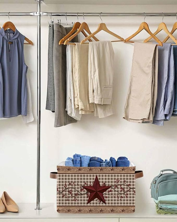 Texas Star Vintage Storage Bins Cubes Waterproof Cloth Storage Basket, Brown Checkered Berry Farmhouse Foldable Storage Bags for Shelf Closet Clothes Storages Organizers with Handles 15x11x9.5 in 2PCS