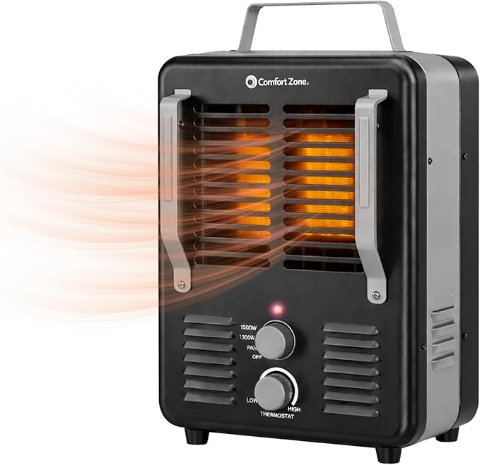 Comfort Zone Electric Portable Milkhouse Style Utility Space Heater with Adjustable Thermostat, Overheat Protection, and Safety Tip-Over Switch, Ideal for Garage or Greenhouse, 1,500W, CZ798BK