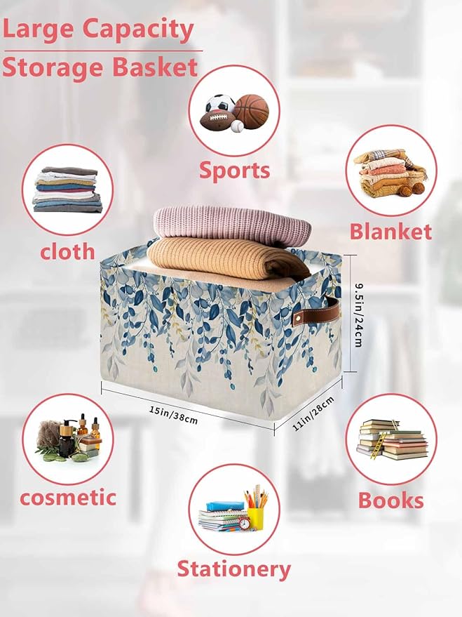 Blue Eucalyptus Storage Bins Cubes Waterproof Cloth Storage Basket, Farmhouse Weeping Leaves Linen Foldable Storage Bags for Shelf Closet Clothes Storages Organizers with Handles 15x11x9.5 in 2PCS