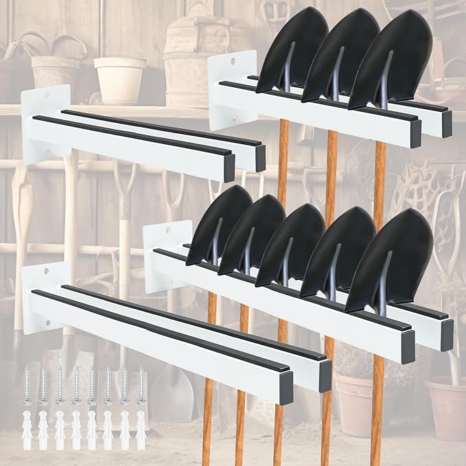 Extra Wide Tool Rack Wall Mount – Heavy Duty Shovel Holder for Garage, Shed & Barn, Powder Coated Steel Organizer for Shovels, Rakes, Brooms, Truck Storage (3.5 x 4.5 x 17.3 in, 4 Pack)
