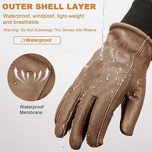 DLY Winter Work Gloves for Men, Insulated, Puncture and Abrasion Resistant, Cowhide Leather with Warm Thinsulate Lining for Cold Weather, Medium, Brown, New
