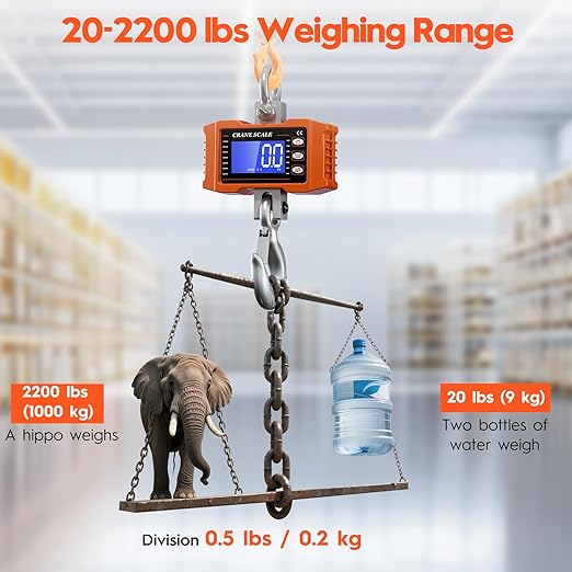Digital Crane Scale 2200lb/1000Kg Digital Hanging Scale with LCD Screen, Crane Scale Industrial Heavy Duty with Unit Change, High Precision Crane Scale for Market, Farm, Construction, Factory
