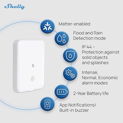 Shelly Flood Gen4, WiFi, Bluetooth, Zigbee, Matter Smart Flood Sensor with Leak Sensor Cable, Alexa, SmartThings, Google Home, Apple HomeKit Compatible, Flood and Rain Detection, Easy to Use, IP44