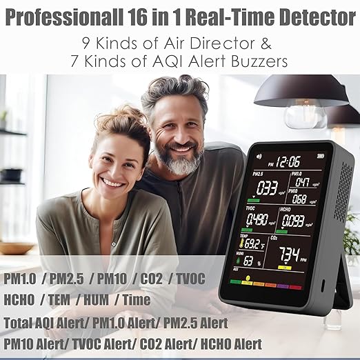 Professional Indoor Air Quality Monitor with AQI Alerts, Portable Real-Time Detector for Home, Car, Plants & Pet (Deep Black)