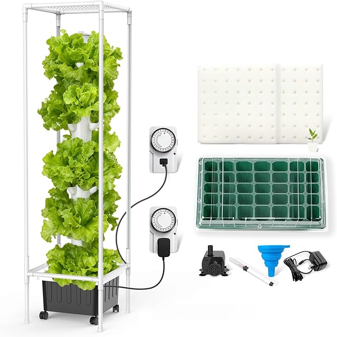 JESLED Hydroponic Tower with 5000K Full-Spectrum Grow Lights, Dual Timers for Auto Watering & Lighting, Hydroponics Growing System with 20L Water Tank, High 66.2", Home Indoor Garden
