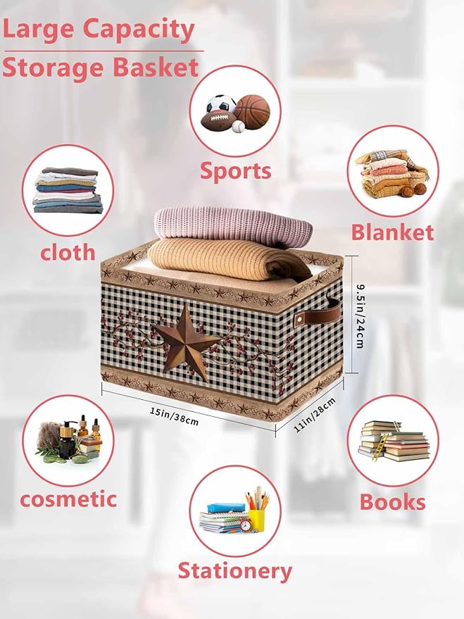 Vintage Texas Star Brown Storage Bins Cubes Waterproof Cloth Storage Basket,Black Plaid Berry Farmhouse Foldable Storage Bags for Shelf Clothes Storages Organizers with Handles 15x11x9.5 in 2PCS