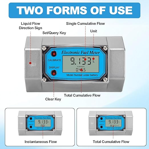 2 Inch Digital Turbine Flow Meter | Fuel Flow Meter, 15.8-132 GPM, NPT Thread | for Diesel, Gasoline, Water | LCD Display Supports Gallon, QTS, PTS, L, m³