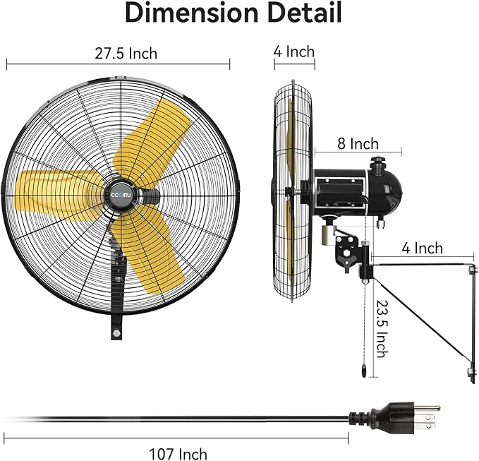 CCGIRU 8800 CFM 26" Outdoor Commercial Wall Fan Oscillating, IP44 Waterproof Wall Mount Fan, Heavy Duty, 3 Speed, Adjustable Tilt for Factory, Warehouse, Garage, ETL Listed