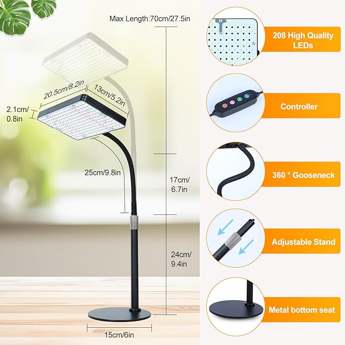 FECiDA Tabletop Grow Lights for Indoor Plants Full Spectrum, Desk Grow Lights for Seed Starting, Bonsai, 4/8/12/16/20 Hr Timer, 208PCS LEDs, 2000 Lumen, Bright Enough, 16"-24" Height Adjustable
