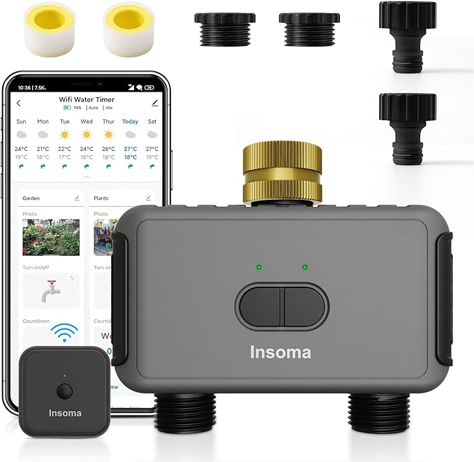 Irrigation System Controller,Smart Water Timer with 2 Outlet,for Lawns, Dark Gray-Brass Inlet & Plastics Outlet (2-Outlet)