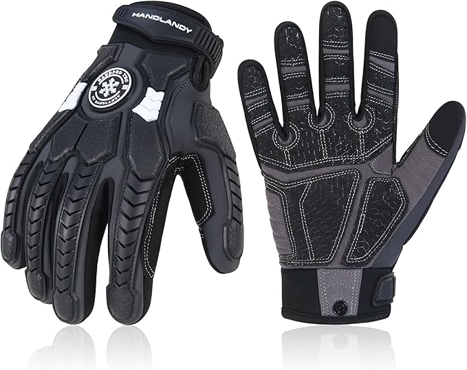 HANDLANDY HLDD Heavy Duty Work Gloves, TPR Protector Impact Gloves, Men Anti Vibration Mechanic Work Glove TouchScreen