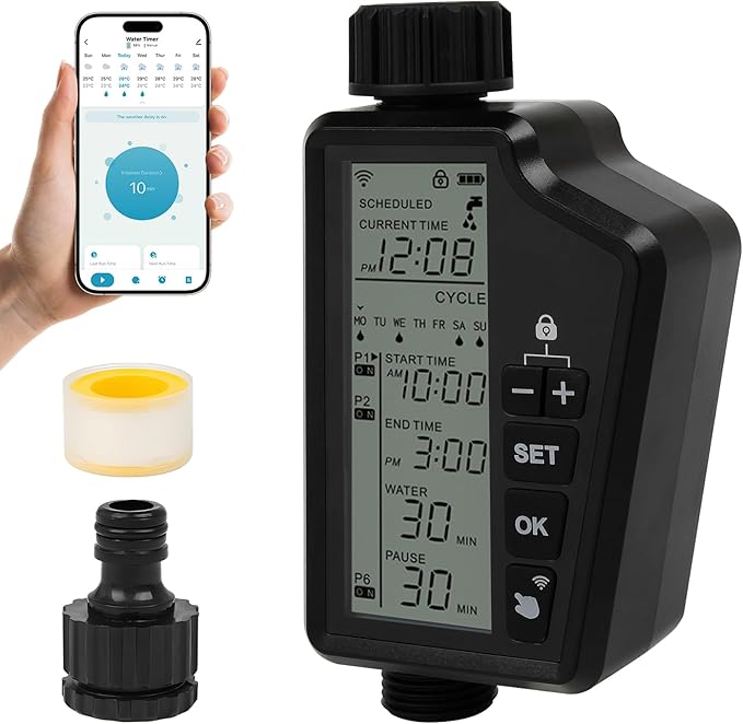 Smart Water Timer for Garden Hose, Programmable Sprinkler Timer with Rain Delay, Manual and Automatic Irrigation System, Child Lock, IP54 Waterproof, for Lawn Yard Garden Watering, 1 Outlet
