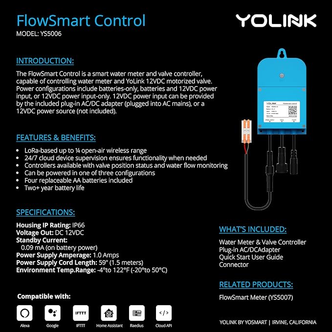 NSF Certified Pulse Meter + Shutoff Valve Kit, 2", FlowSmart Controller YS5006 Reads Meter Pulses, Real-Time Usage & Leak Detection, Auto Shutoff (D2D Offline), LoRa Long Range, Hub Included
