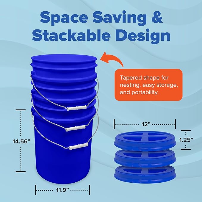 ePackageSupply 5 Gallon Bucket - Food Grade Bucket with Airtight Gamma Seal Screw-On Lid, BPA-Free, Heavy-Duty 90 Mil HDPE Plastic, Bulk Storage, Durable Container, Made in USA, Blue/Blue, 3 Packs