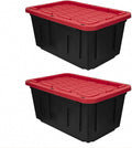 27 Gallon Heavy Duty Storage Bins with Lids – Stackable Industrial Plastic Totes for Garage Organization, Moving, and Attic Storage – Lockable Snap-Fit Container, Black/Red (2 Pack)