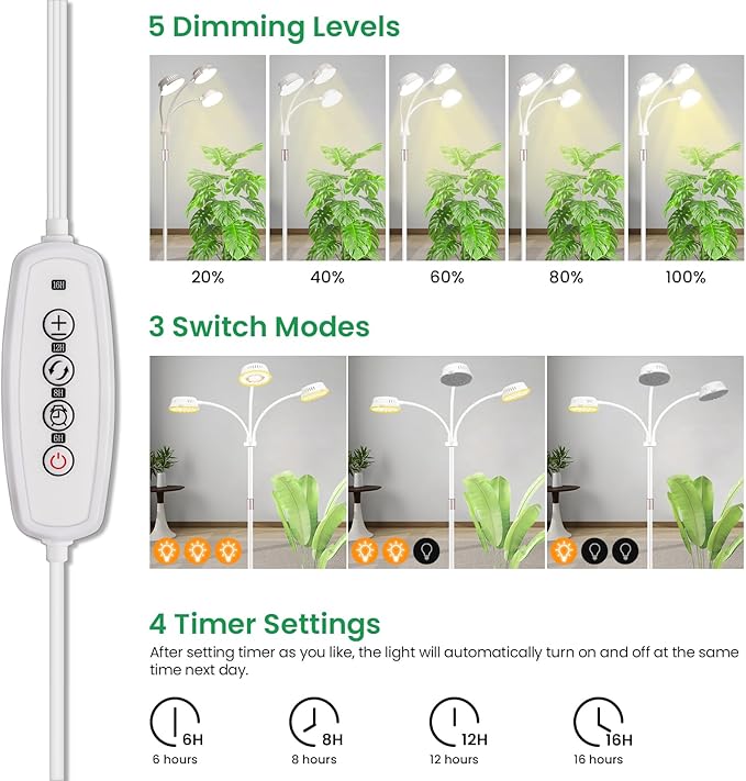 LORDEM Full Spectrum Plant Light for Indoor Growing,Tri-Head Grow Light with Stand for Large Plants,Auto ON/Off Timer 6/8/12/16H, 5 Dimmable Levels, 20-70 inches Adjustable Height