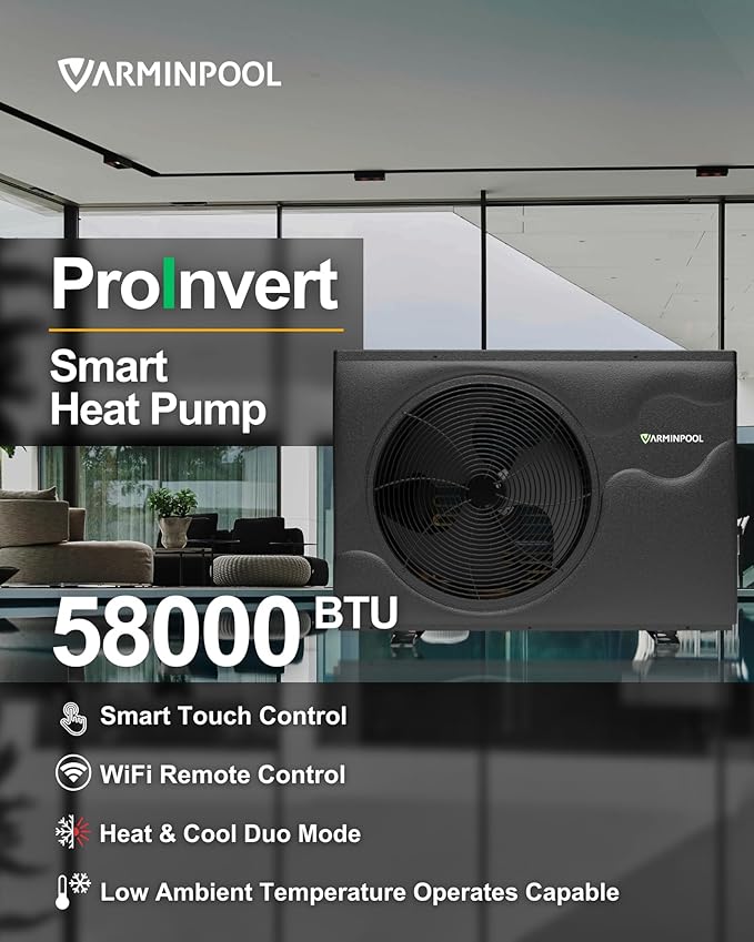 58000BTU Smart Inverter Pro Pool Heat Pump for Inground & Above Ground Pools up to 18000 Gallons, WiFi Enabled Electric Pool Heater with Heating & Cooling, 220V, Timer Control, V18