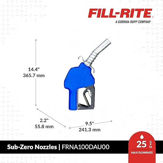 Fill-Rite FRNA100DAU00 1” 5 to 25 GPM Sub-Zero Automatic Fuel Transfer Nozzle - Cold Weather Applications, Blue - For Gasoline, Diesel, Biodiesel up to B20, E15 & Kerosene