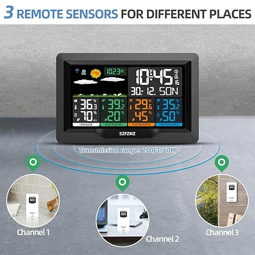Weather Stations Wireless Indoor Outdoor with Multiple Sensors, 7.5" Color Display Weather Station Indoor Outdoor Thermometer Wireless Weather Forecast Station, Digital Atomic Clock with Backlight