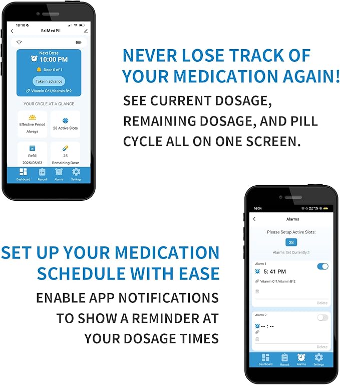 EziMedPil Smart WiFi Pill Dispenser w/Sound&Light Alerts,up to 9 Alarms/Daily,Easy Setup on WiFi Monitoring SmartLife App,28-Day Medication Organizer w/Lock Key for Prescriptions & Vitamins,Clear Lid