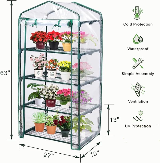 Purlyu Mini Greenhouse for Indoor Outdoor, Plant Green House 4-Tier Rack Stand Portable Greenhouses with Durable PVC Cover for Seedling, 2.5x1.6x5.2 FT,Ideal Gardening Gifts for Women Men(PLGH704P)