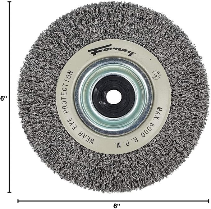 Forney 72895 Wire Bench Wheel Brush, Industrial Pro Crimped with 1/2-Inch Through 2-Inch Multi Arbor, 6-Inch-by-.012-Inch