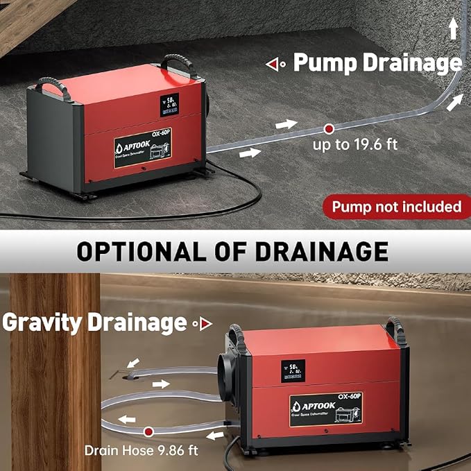 110 Pints Commercial Dehumidifier with Drain Hose, Crawl Space Dehumidifier for Water Damage Restoration, Flood Repair, Crawlspace and Basement, Red