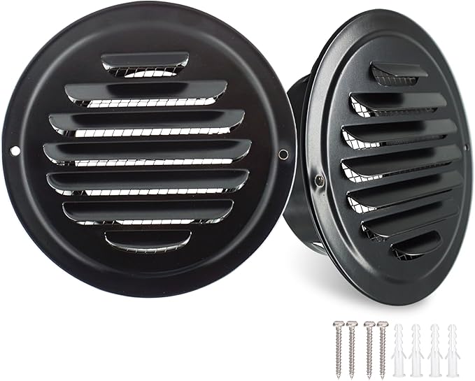 6 Inch Stainless Steel Round Air Vent Covers,LouanXpert Black Soffit Vent Covers Louvered Grille Wall Vent with Built-in Fine Mesh for Garage,House, Flat, Garage (150mm - 2PCS)