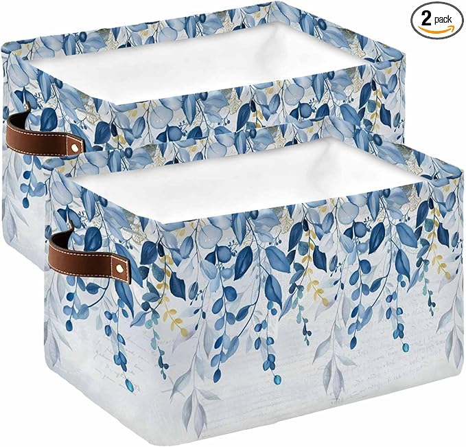 Blue Eucalyptus Leaves Storage Bins Cubes Waterproof Cloth Storage Basket,Watercolor Botanical Weeping Leaf Foldable Storage Bags for Shelf Clothes Storages Organizers with Handles 15x11x9.5 in 2PCS