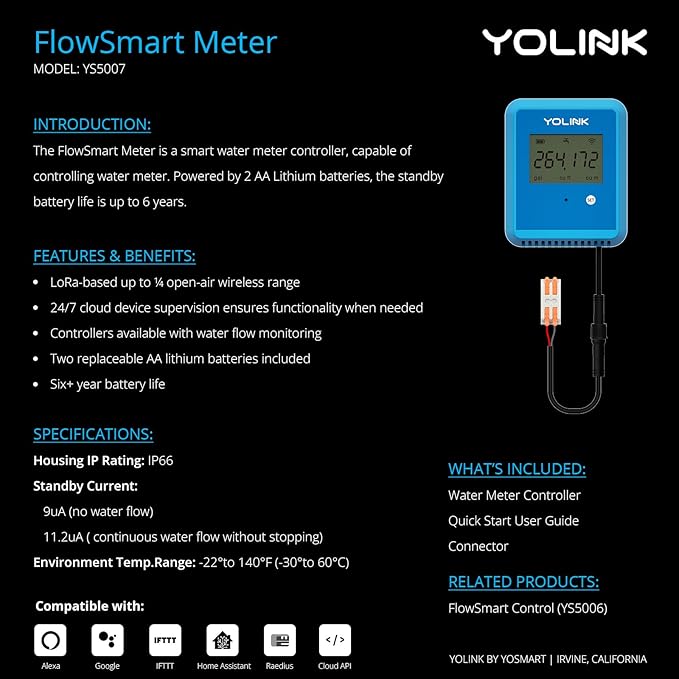 YoLink FlowSmart NSF Water Meter, Smart Water Usage Monitor and Water Leak Detection: 0.5 Inch Advanced Smart Home Water Meter, Hub Included