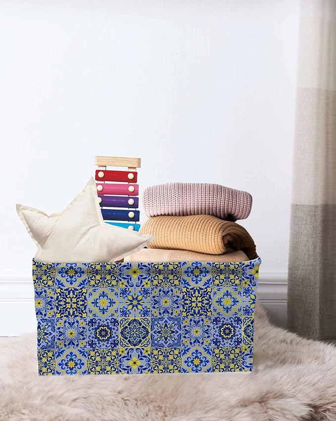 Vintage Boho Storage Bins Cubes Waterproof Cloth Storage Basket,Middle Century Bohemia Style Patchwork Blue Foldable Storage Bags for Shelf Clothes Storages Organizers with Handles 15x11x9.5 in 2PCS