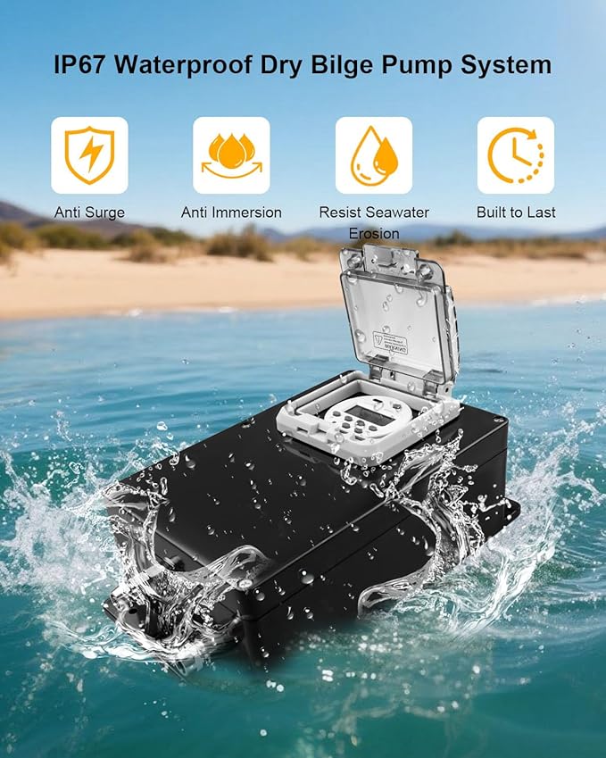 IP67 Waterproof Dry Bilge Pump System, Bilge Pump Timer Switch & Auto/Manual Control Switch, 360°Adjustable Angle Chain & Flat Port Drain for Fishing Boats with Water Storage