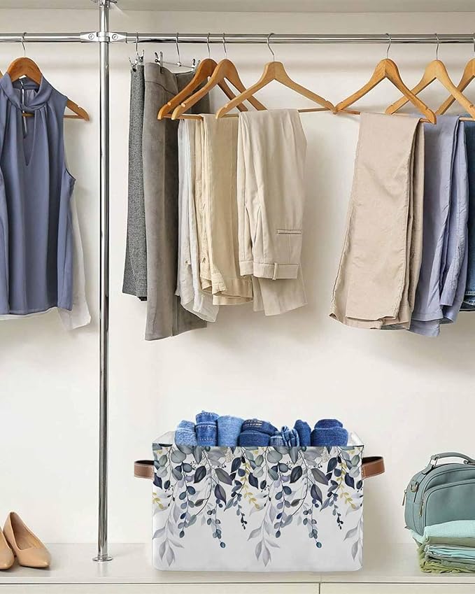 Blue Grey Eucalyptus Storage Bins Cubes Waterproof Cloth Storage Basket,Watercolor Spring Weeping Botanical Foldable Storage Bags for Shelf Clothes Storages Organizers with Handles 15x11x9.5 in 1PCS