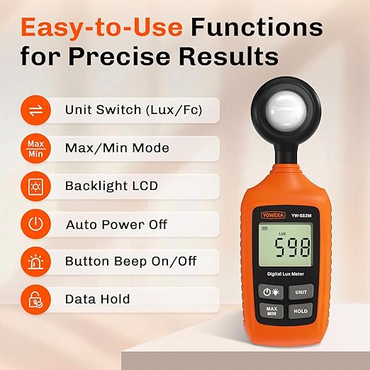 Digital Light Meter, 0-200,000 Lux (0-20,000 Foot Candles), Backlight, Max/Min, Data Hold, Lux/Fc Unit Switch, for Plants, Office, Indoor Lighting, and More